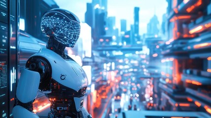 Futuristic Cityscape With Contemplative White Robot Companion android style design features of an advanced prototype robot unit observing a developing metropolis with glowing neon lights, futuristic