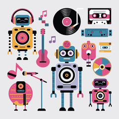 2d vector illustration icon cool entertainment cartoon character  music tools (Drum , Music Note , Headphones ,Microphone , Piano , Guitar ,Record) 
