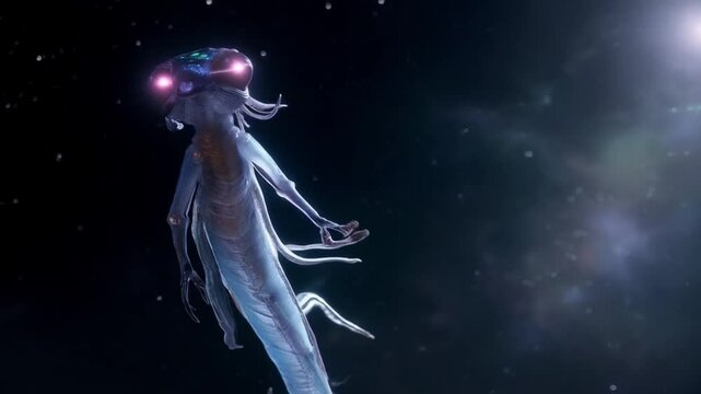 Tentacled Alien Creature Roams the Uncharted Terrestrial World, Smooth repeating motion for background video animation.