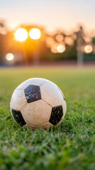 Fototapeta premium Vintage leather soccer ball lying on lush green pitch, stadium lights illuminating golden sunset landscape