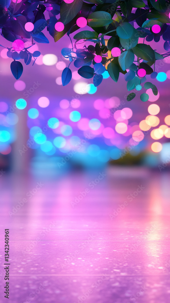 Poster glossy purple surface adorned with dangling foliage, illuminated by blurred colorful lights forming 