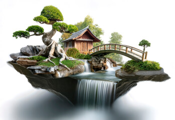 Naklejka premium isla, bonsai, huerta, casa china, puente, acuático, aparcar, árbol, lago, charcas, naturaleza, paisaje