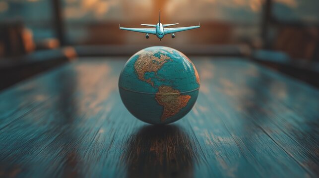 Model airplane flying above globe on wooden tabletop with sunset backdrop