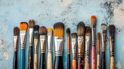 Collection of Paint Brushes Lined Up on a Rustic Blue Background Perfect for Artistic and Creative Projects