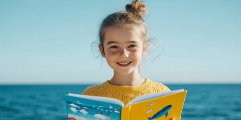 A young girl with a bright smile holds an open book, enjoying Children Book Day by the sea. Sunlight dances on the water, enhancing the joyful atmosphere of reading