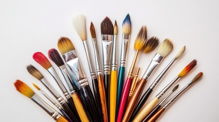 A Colorful Collection of Paint Brushes Displayed Artistically on a White Surface for Creative Projects and Art Inspiration