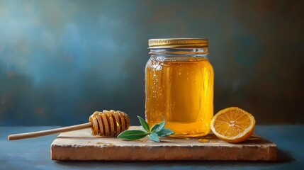 Golden honey jar with dipper and lemon on wooden board
