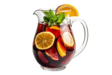 Refreshing Red Sangria in Glass Pitcher with Sliced Fruits and Mint on Transparent Background, PNG