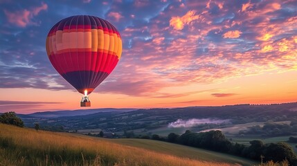 Colorful hot air balloon at sunset over rolling hills and scenic landscape