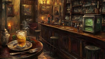 Fototapeta premium Dark Wooden Bar Interior at Night with Warm Lighting and Drink Options for Guests in the Evening Ambiance with Bottles and Glasses on Display and Shelves and Counter and Seating Area and Warm