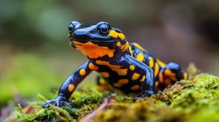 Obraz premium Vibrant Black and Orange Frog on Mossy Ground in Natural Habitat, Capturing Nature's Colorful Beauty and Unique Wildlife