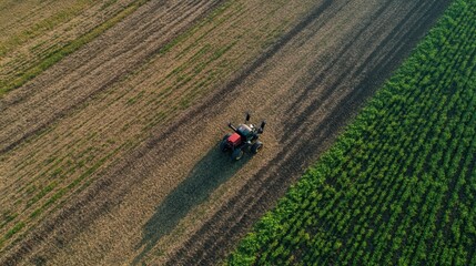 Aerial View of a Red Tractor Working on a Farm Field Surrounded by Rows of Green Crops and Brown Soil During Late Afternoon Light