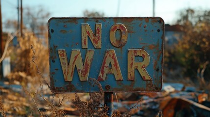Rusty blue sign with 'no war' message amidst overgrown vegetation in rural setting