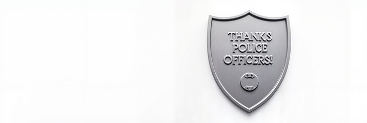Silver police badge with engraved "Thanks Police Officers!" against a clean white background, appreciation concept of public safety, law enforcement, and community services