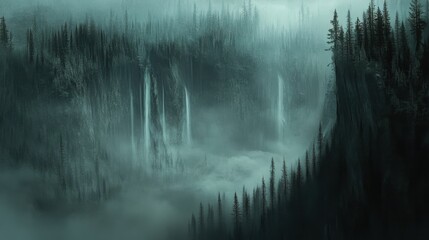 A Misty Mountain Landscape Featuring Several Cascading Waterfalls And Forests