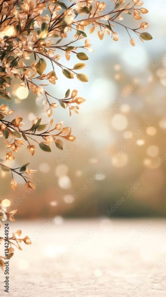 Poster golden leaves branches with bokeh effect creating a magical christmas background for seasonal celebr