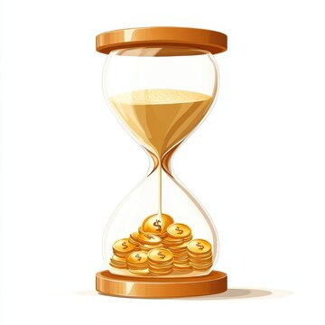 An hourglass filled with sand and gold coins symbolizes bankruptcy and devaluation