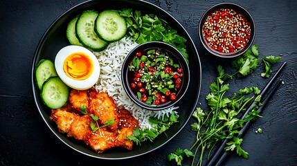 Glazed Chicken Rice Bowl with Fresh Vegetables and Dipping Sauces