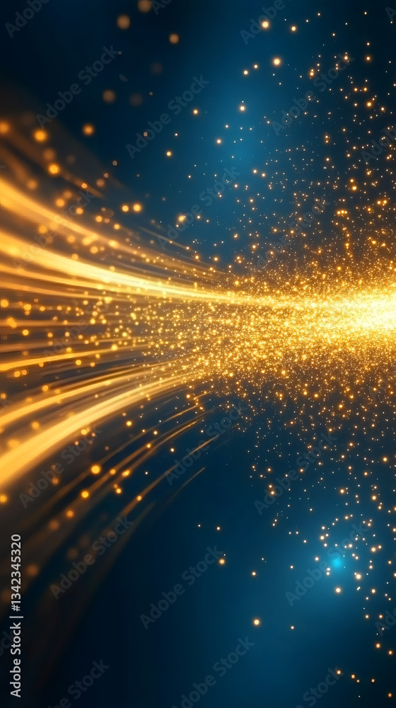 Poster Abstract background with golden particles flowing on a dark blue background, creating a sense of movement and energy