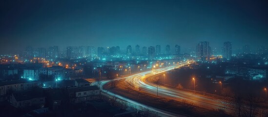 Fototapeta premium Night highway, city skyline, fog, traffic