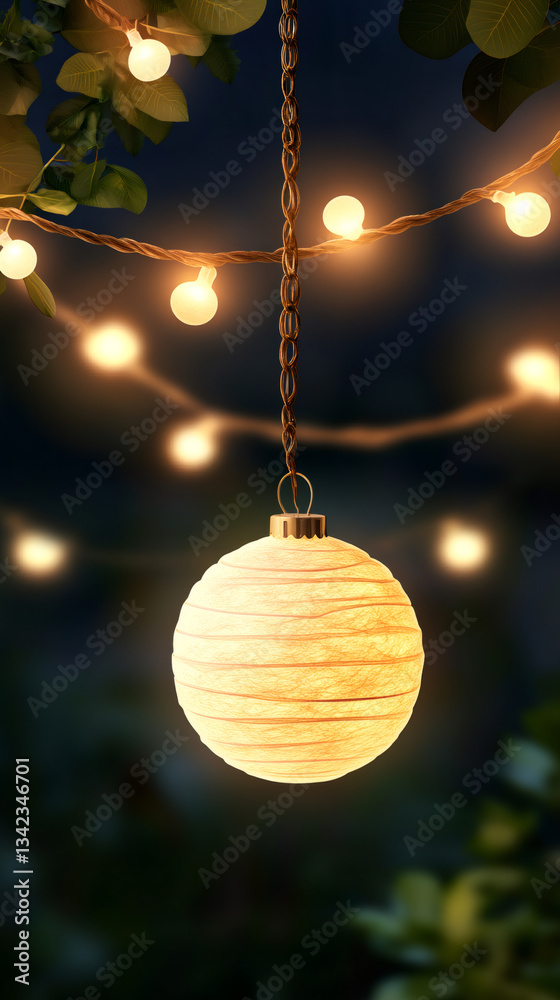 Aufkleber glowing paper lantern suspended on chain, illuminating nighttime garden with soft radiance and twink