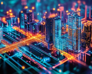 Fototapeta premium In a futuristic metropolis, blockchain fuels smart living Cryptocurrency powers transportation, communication, and more in this cuttingedge urban landscape