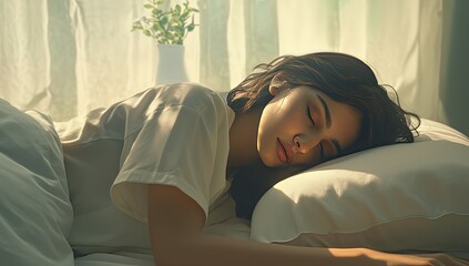 Woman sleeping peacefully in bed, sunlight streaming through window