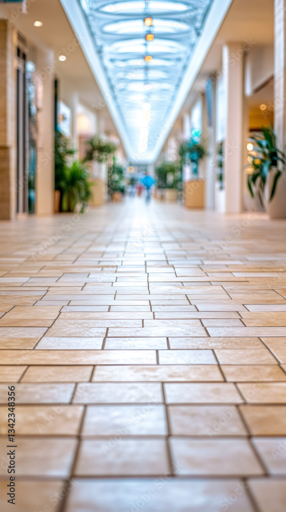 Poster low angle view of tiled floor stretching towards blurred shopping mall interior, creating a sense of