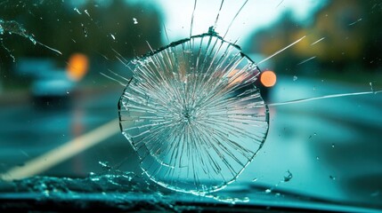 Close-Up of Cracked Windshield with Broken Glass, Rainy Day, Blurred Background of Moving Vehicles and Reflective Road Surface