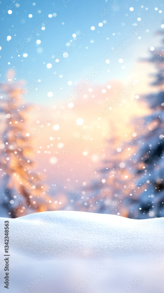 Aufkleber snow is softly falling on a snowy field at sunset during winter, creating a magical and serene atmos
