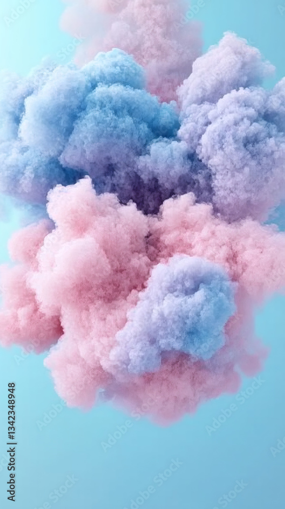 Poster pastel cotton candy clouds blending softly, creating whimsical swirling patterns against pale blue b