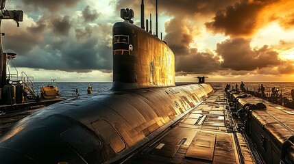 A large submarine sits on the sea under a cloudy sky