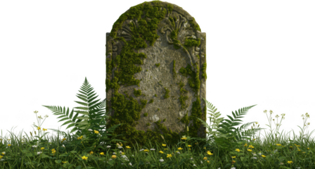 Old Mossy Gravestone in a Lush Green Meadow with Wildflowers