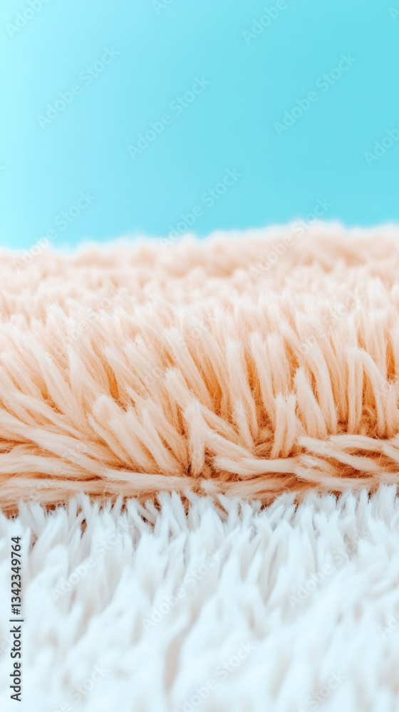 Poster Plush carpet featuring peach and white tones spreading across soft surface, complemented by tranquil light blue background