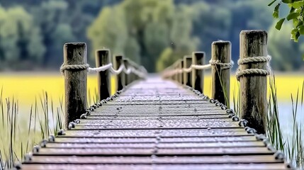 Fototapeta premium Wooden boardwalk extends over tranquil water