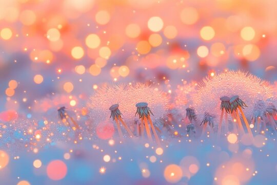 Dew-kissed dandelion seeds glow softly in a pastel-hued, bokeh-filled landscape