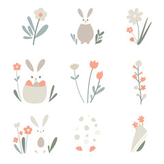 Set of Easter design elements. Easter rabbits and floral motifs. Vector illustration.