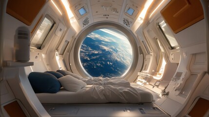 Luxurious cosmic suite: Bedroom in orbit with breathtaking Earth view from space