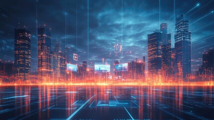 Fototapeta premium Futuristic Cityscape Night Scene with Neon Lights and Digital Network Design. Visualization of Future Technology in Urban Environment. Innovative Digital Cityscape Concept. High Tech Metropolis