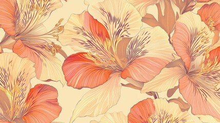 Orange And Cream Alstroemeria Flower Seamless Pattern Design Floral Background Texture Botanical Art Print For Wallpaper Or Fabric Decor Illustration Style For Summer Or Spring Wedding Decor