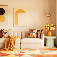 Bright and cozy living room with a modern white sofa adorned with colorful cushions and throw blankets. Vibrant flowers and geometric wall art complete the lively, welcoming atmosphere.Generative AI.