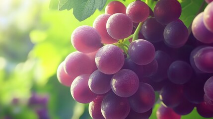 Bunch of Fresh Ripe Red Grapes Glistening in Morning Light with Green Leaves in Soft Focus Background