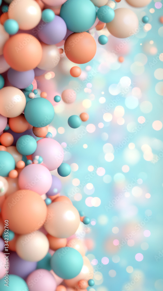 Poster Soft pastel spheres floating across blurred colorful backdrop, representing playful energy and festive mood with dimensional layering