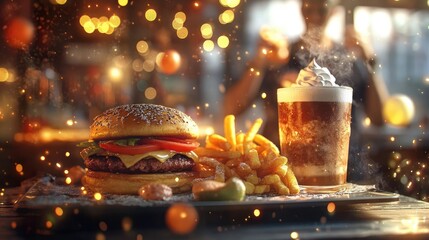 Savory Cheeseburger with Crispy Fries and Cold Soda Drink Delightful Meal in Restaurant Setting with Good Lighting and Warm Tones and Background Featuring a Delicious Meal on Plate with Tray and