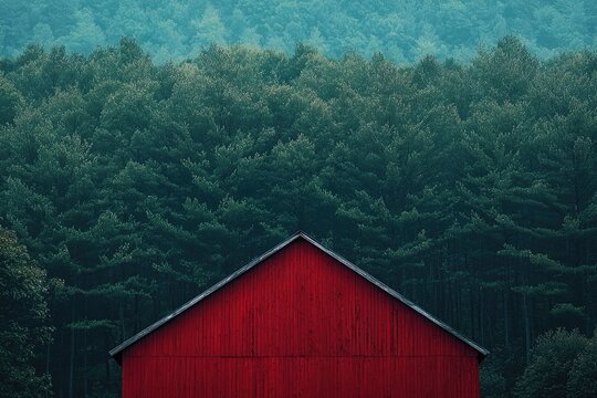 A vibrant red barn stands majestically against a backdrop of lush, deep green forest. - Powered by Adobe