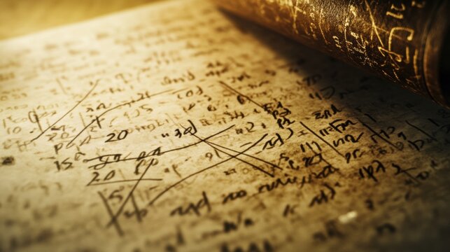 Vintage Manuscript with Mathematical Notations and Handwritten Notes on Parchment and Antique Paper