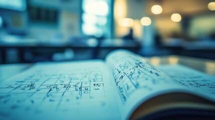 Open Music Book with Sheet Music on a Table in a Classroom Setting Blurred Background with Soft Lighting Enhancing Study Atmosphere