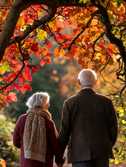 Romantic senior couple holding hands, strolling through vibrant autumn foliage.  Golden sunlight filters through colorful leaves creating a warm, nostalgic scene.