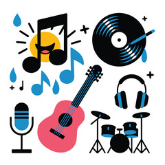 Obraz premium 2d vector illustration icon cool entertainment cartoon character music tools (Drum , Music Note , Headphones ,Microphone , Piano , Guitar ,Record) 