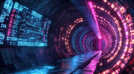 Obraz premium Futuristic Neon Passageway With Vibrant Lights And Patterns